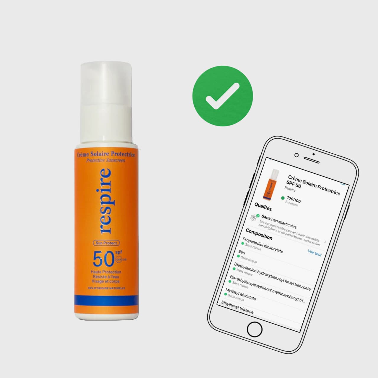 Spray solaire SPF 50 Respire validé par Yuka