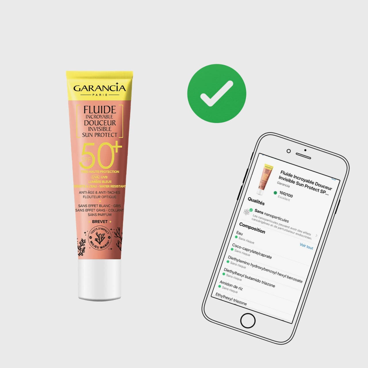 Fluide solaire SPF 50 visage Garancia clean validé par Yuka