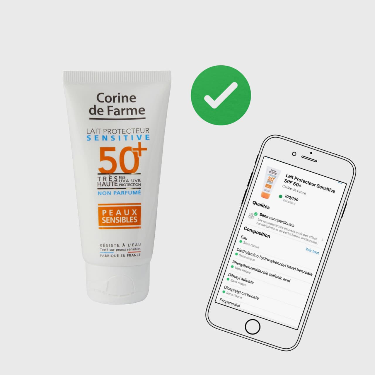 Protection solaire SPF 50 Corine de Farme validée par Yuka