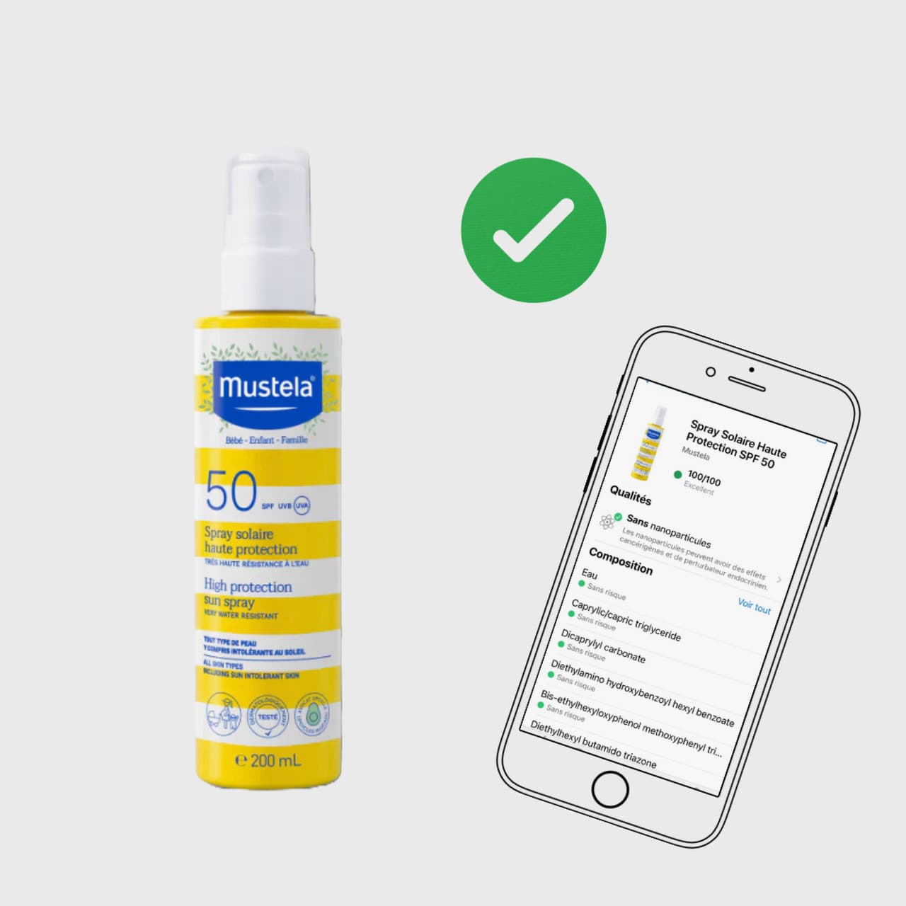 Spray solaire SPF 50 Enfant Mustela validé par Yuka